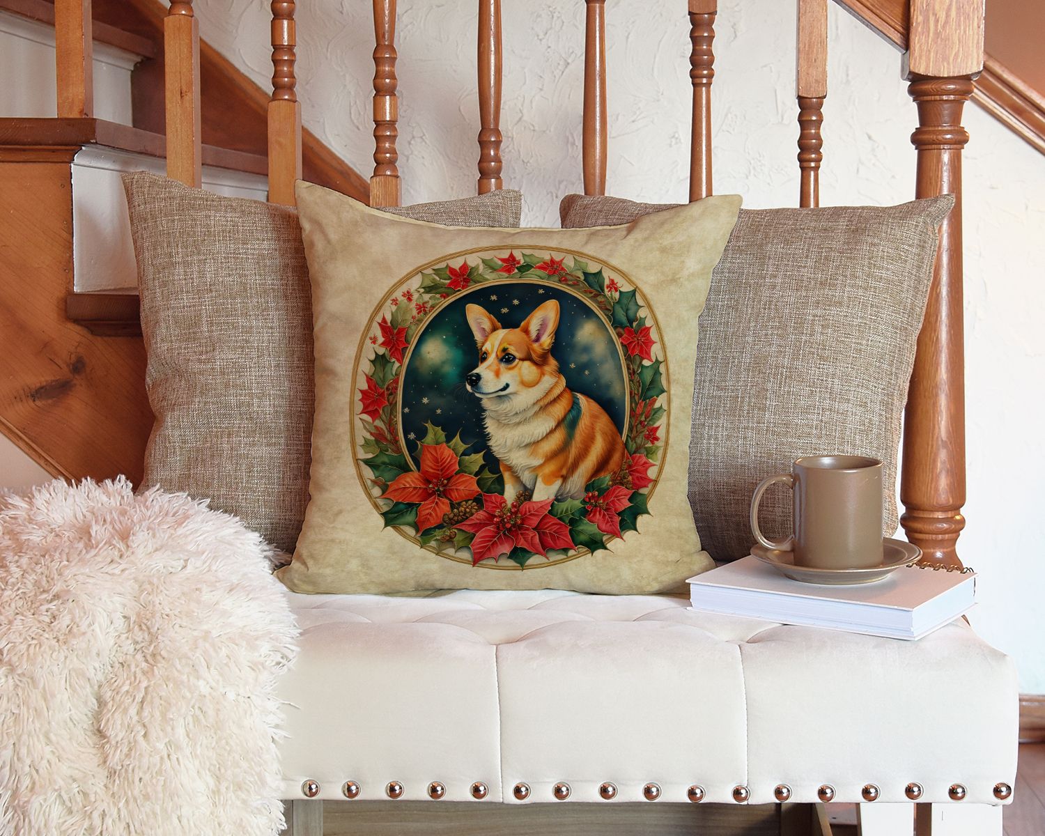 Corgi Christmas Flowers Throw Pillow Machine Washable, Indoor Outdoor Decorative Pillow for Couch, Bed or Patio, 14Hx14W