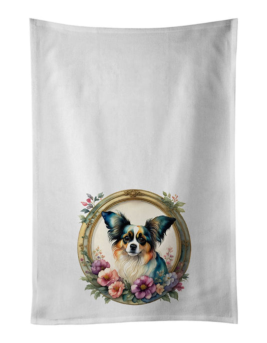 Papillon and Flowers Kitchen Towel Set of 2 White Dish Towels Decorative Bathroom Hand towel for Hand, Face, Hair, Yoga, Tea, Dishcloth, 19 X 28", White