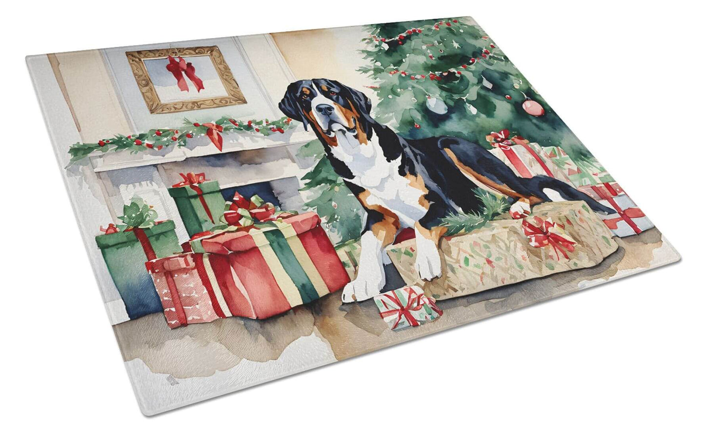 NEW Greater Swiss Mountain Dog Cozy Christmas Glass Cutting Board Decorative Tempered Glass Kitchen Cutting and Serving Board Large Size Chopping Board