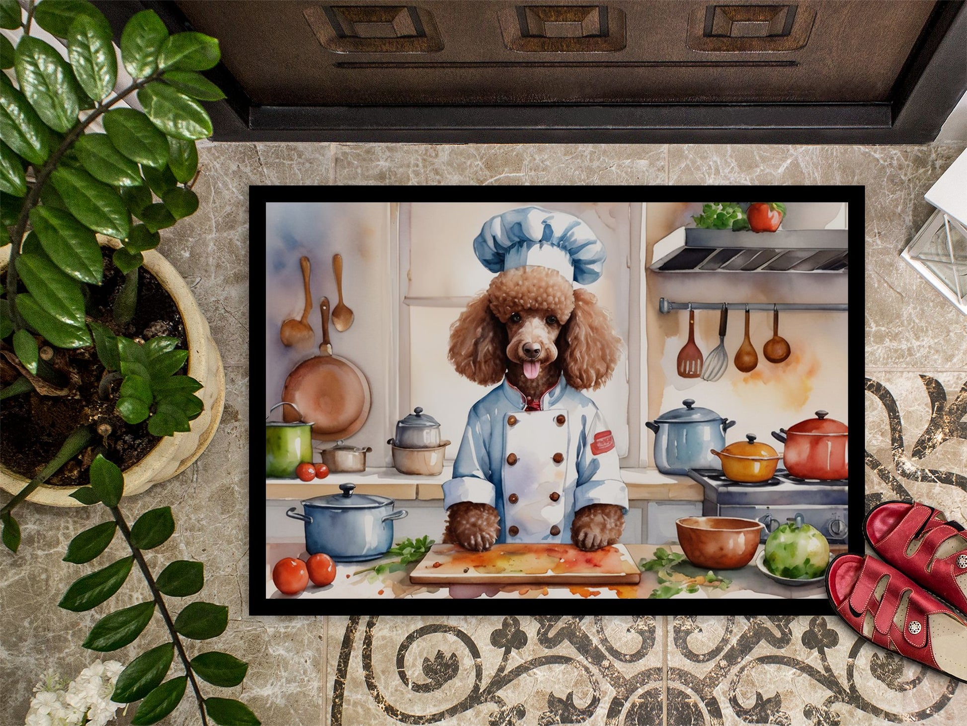 Chocolate Poodle The Chef Doormat Front Door Mat Indoor Outdoor Rugs for Entryway, Non Slip Washable Low Pile, 24H X 36W