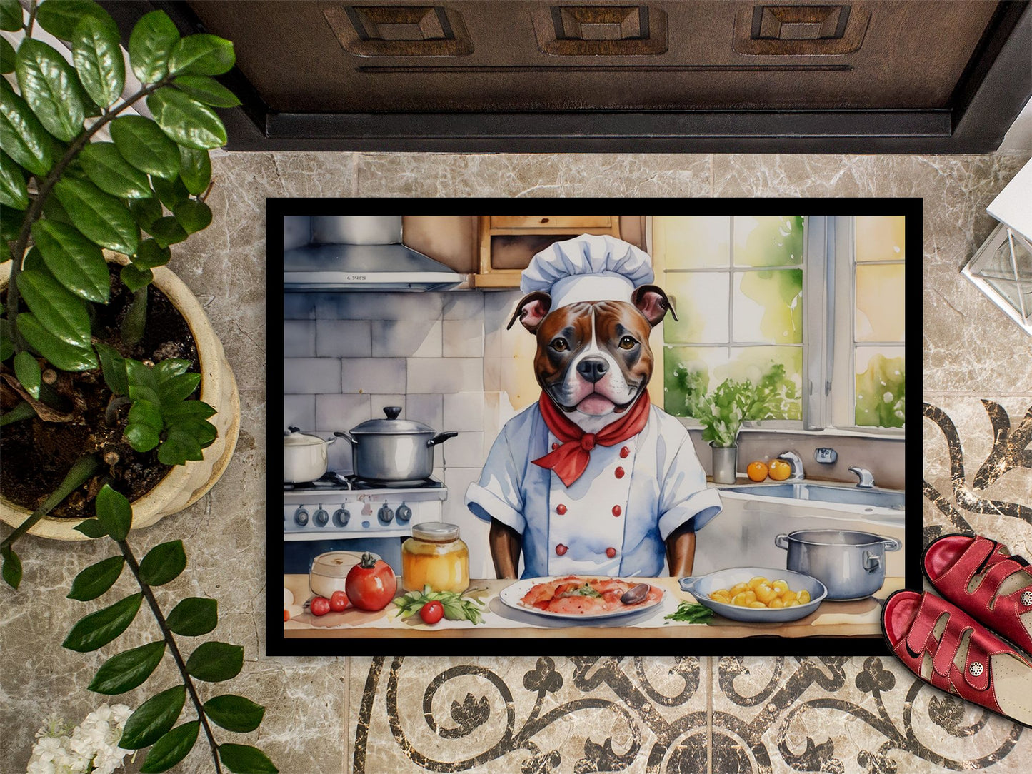 NEW Staffordshire Bull Terrier The Chef Doormat Front Door Mat Indoor Outdoor Rugs for Entryway, Non Slip Washable Low Pile, 18H X 27W