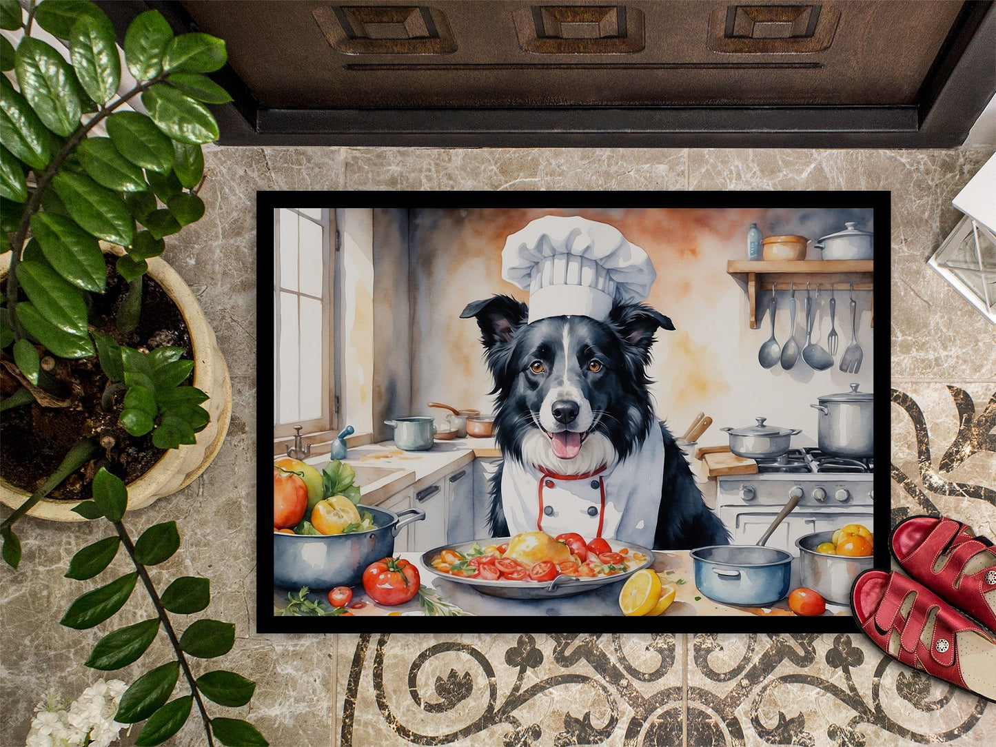 Border Collie The Chef Doormat Front Door Mat Indoor Outdoor Rugs for Entryway, Non Slip Washable Low Pile, 24H X 36W