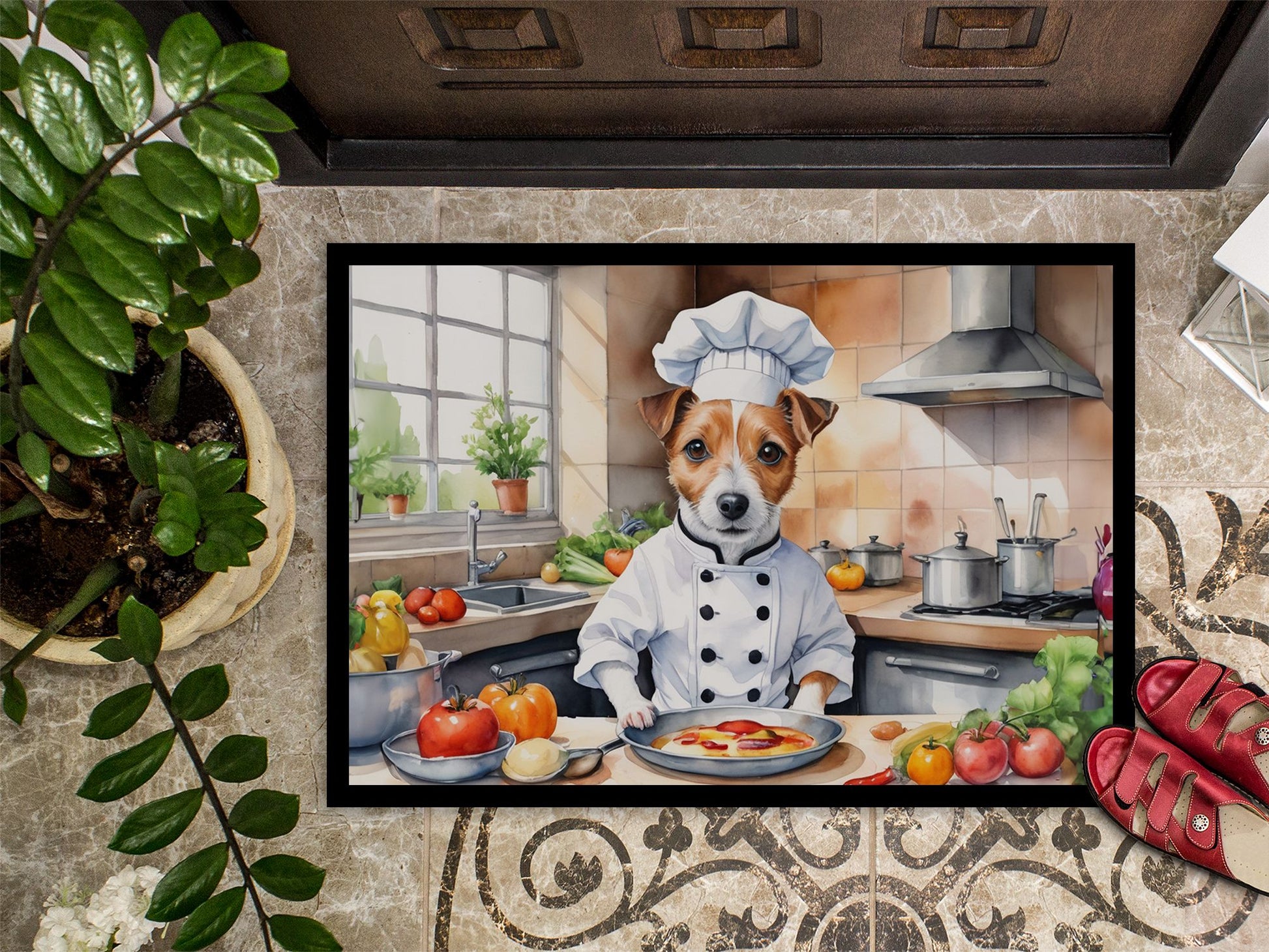 NEW Jack Russell Terrier The Chef Doormat Front Door Mat Indoor Outdoor Rugs for Entryway, Non Slip Washable Low Pile, 18H X 27W