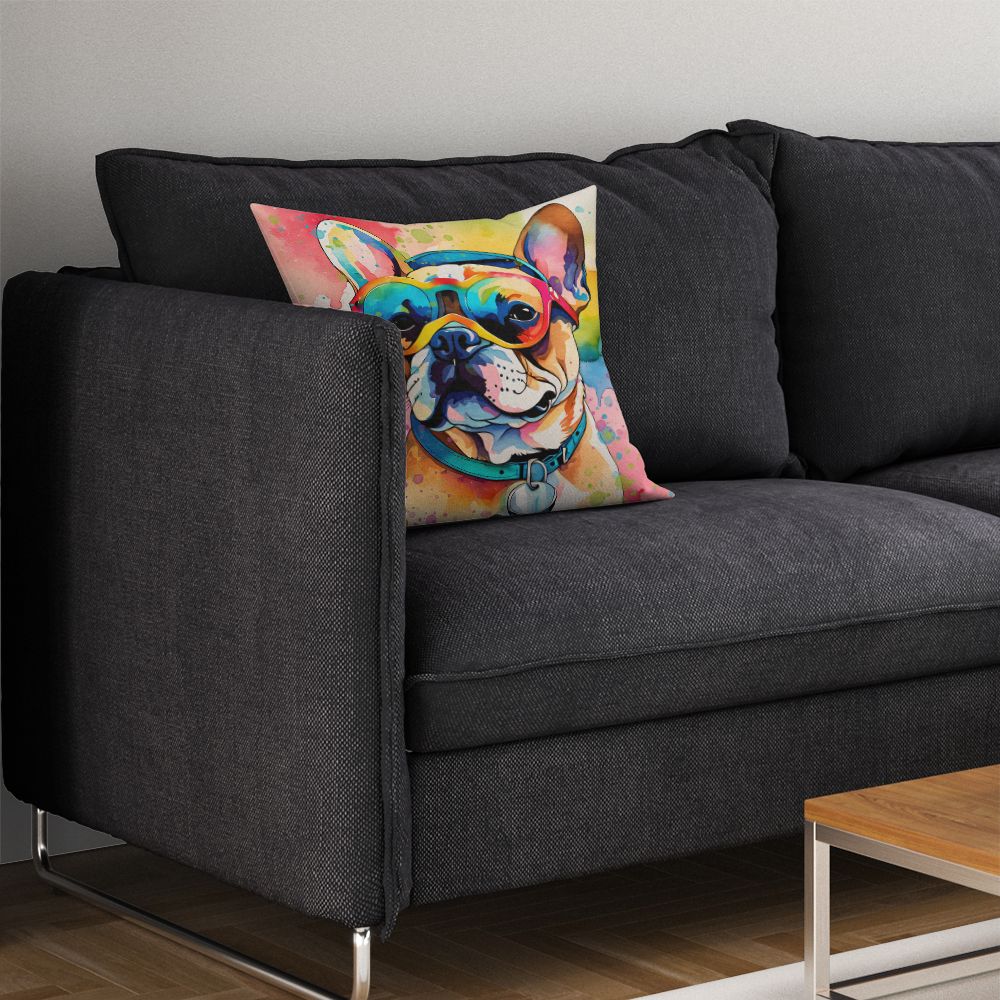 French Bulldog Hippie Dawg Throw Pillow Machine Washable, Indoor Outdoor Decorative Pillow for Couch, Bed or Patio, 14Hx14W