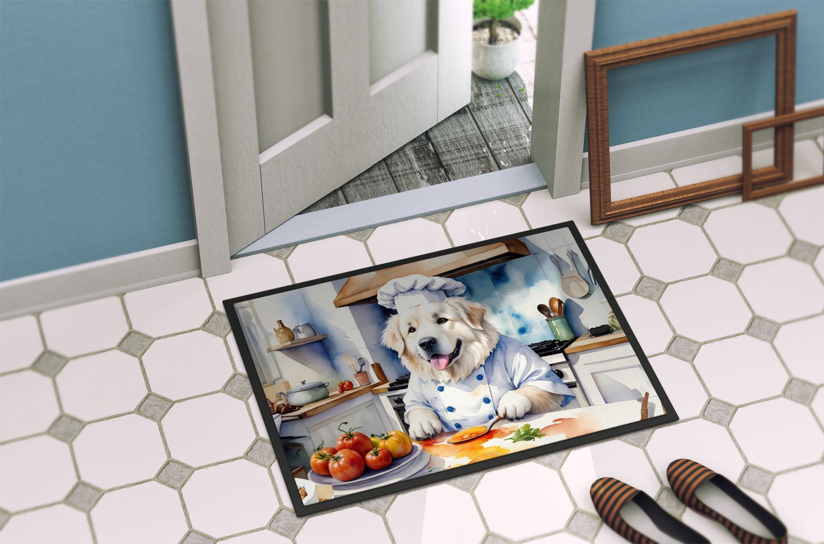 Great Pyrenees The Chef Doormat Front Door Mat Indoor Outdoor Rugs for Entryway, Non Slip Washable Low Pile, 24H X 36W