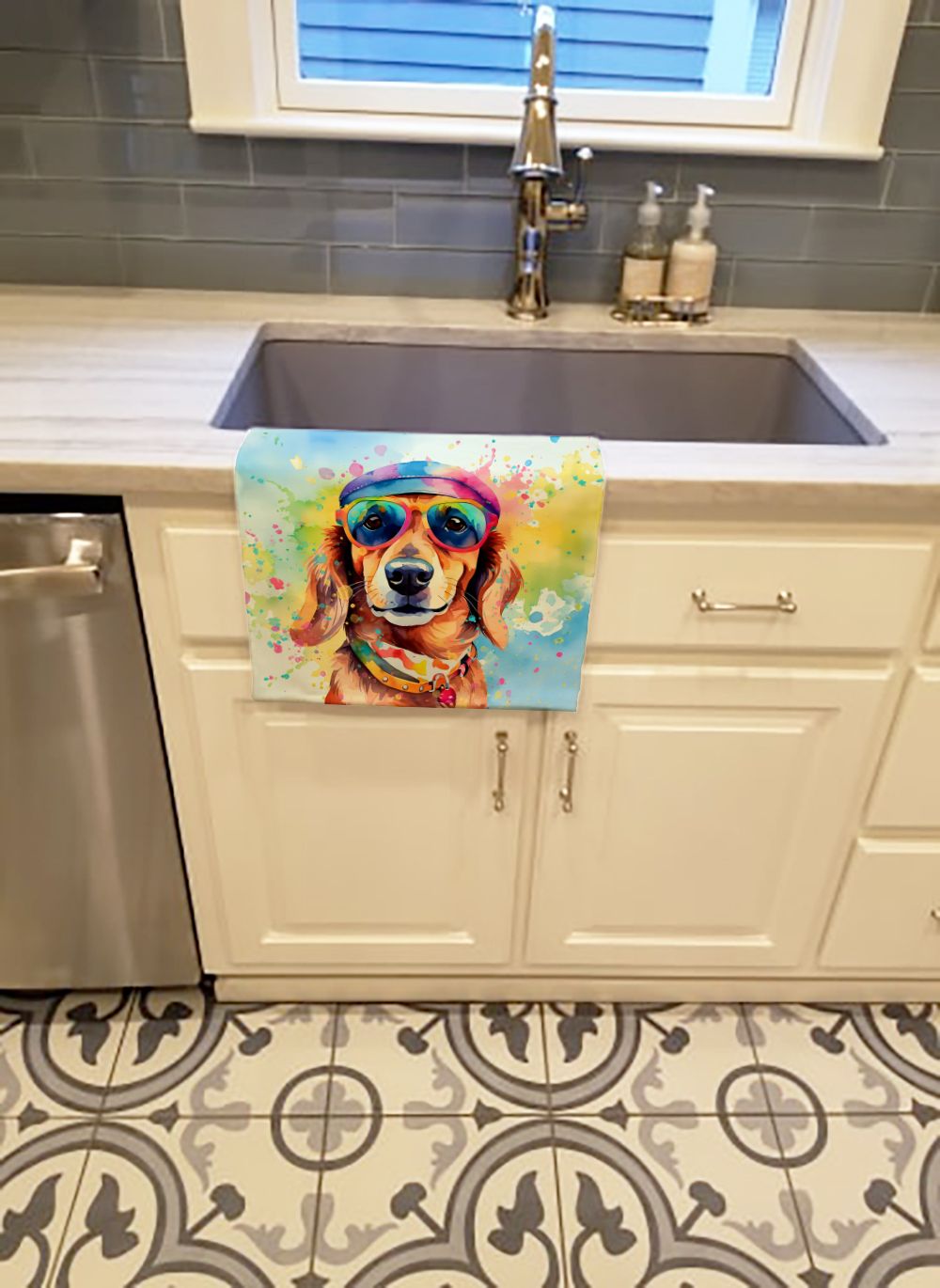 Dachshund Hippie Dawg Kitchen Towel Dish Cloths Guest Hand Towel Decorative Bathroom Towel for Face,Tea, Dishcloth, Kitchen and Bath