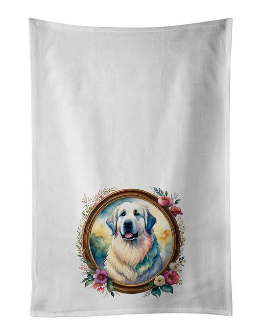 Great Pyrenees and Flowers Kitchen Towel Set of 2 White Dish Towels Decorative Bathroom Hand towel for Hand, Face, Hair, Yoga, Tea, Dishcloth, 19 X 28", White