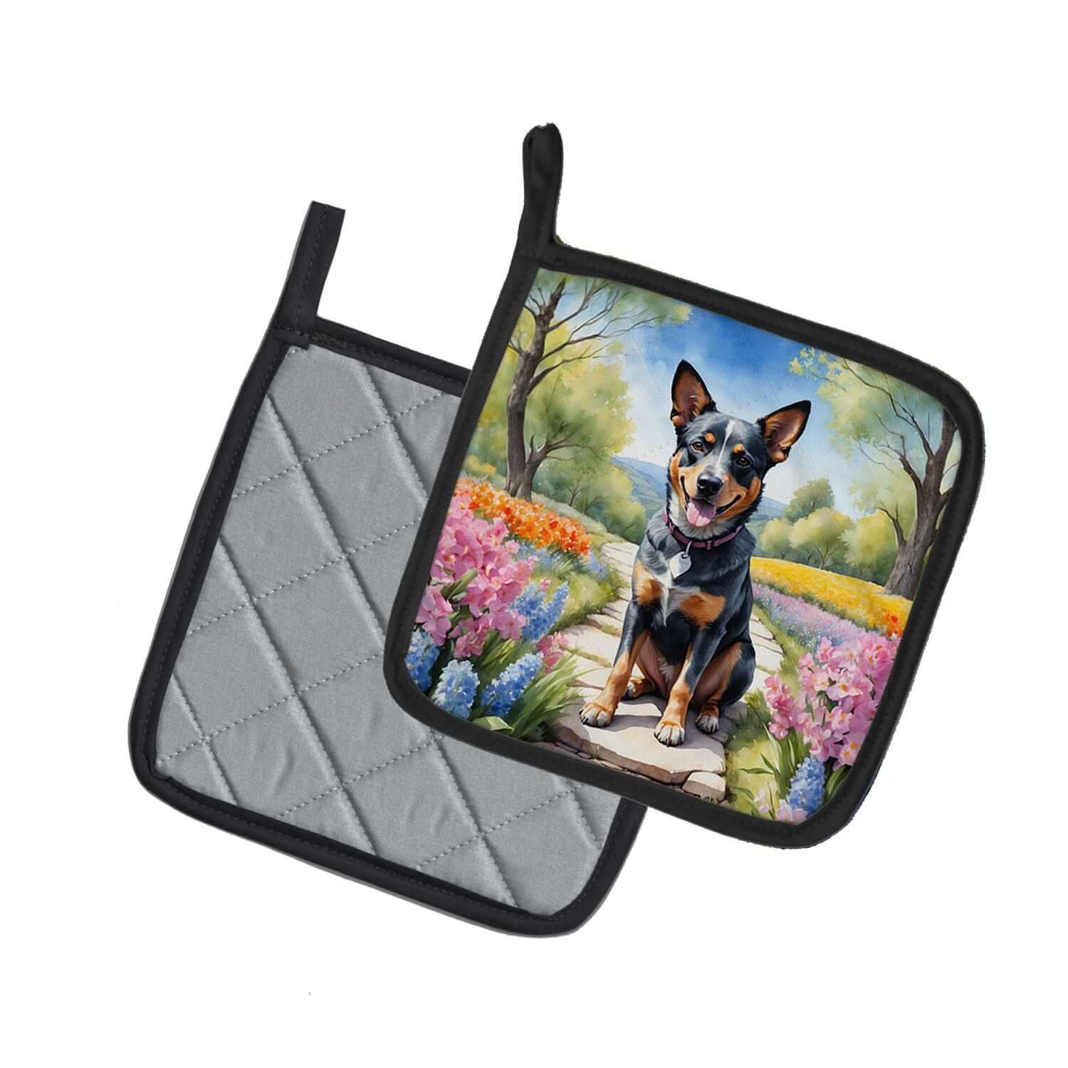 Australian Cattle Dog Spring Garden Pair of Pot Holders Kitchen Heat Resistant Pot Holders Sets Oven Hot Pads for Cooking Baking BBQ, 7 1/2 x 7 1/2