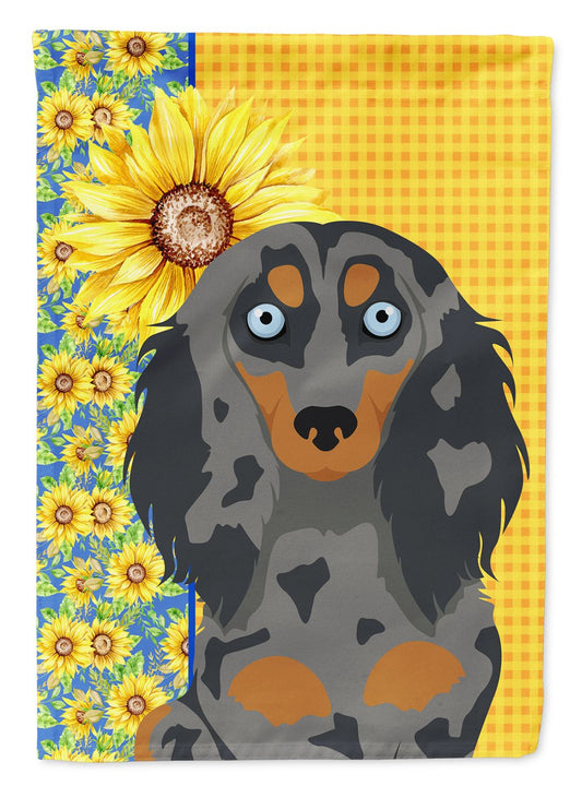 Summer Sunflowers Longhair Blue and Tan Dapple Dachshund Garden Flag Mailbox Flag Decorative Yard Flag Banner Outside Patio Artwork Yard Flower Beds, Garden Size, Multicolor