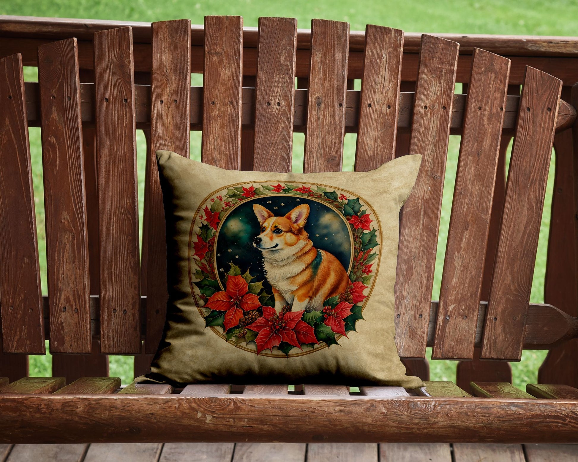 Corgi Christmas Flowers Throw Pillow Machine Washable, Indoor Outdoor Decorative Pillow for Couch, Bed or Patio, 14Hx14W