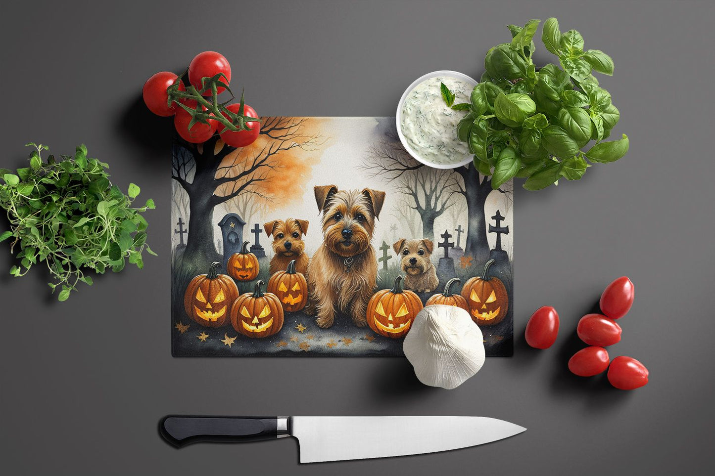 NEW Norfolk Terrier Spooky Halloween Glass Cutting Board Decorative Tempered Glass Kitchen Cutting and Serving Board Large Size Chopping Board