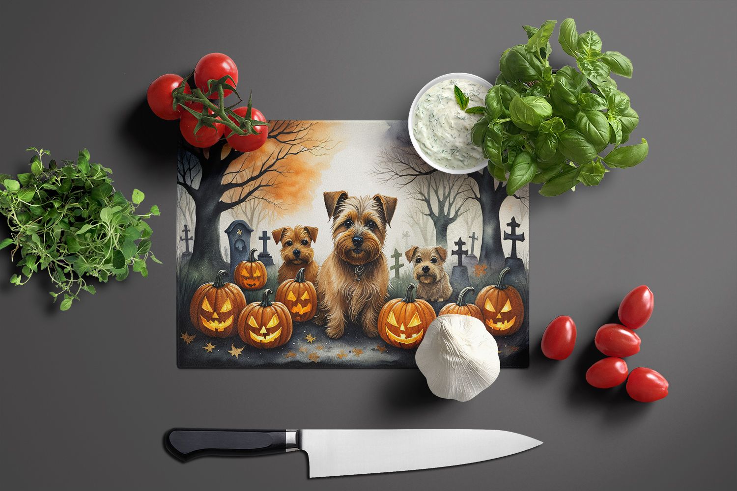 NEW Norfolk Terrier Spooky Halloween Glass Cutting Board Decorative Tempered Glass Kitchen Cutting and Serving Board Large Size Chopping Board