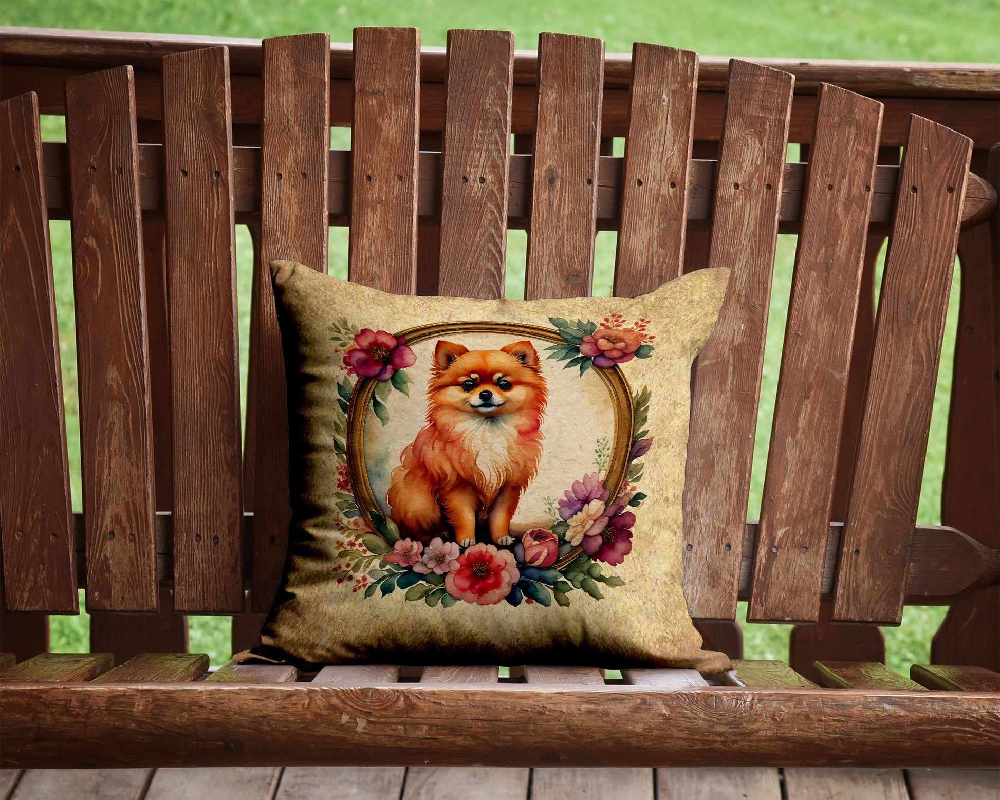 Pomeranian and Flowers Throw Pillow Machine Washable, Indoor Outdoor Decorative Pillow for Couch, Bed or Patio, 14Hx14W