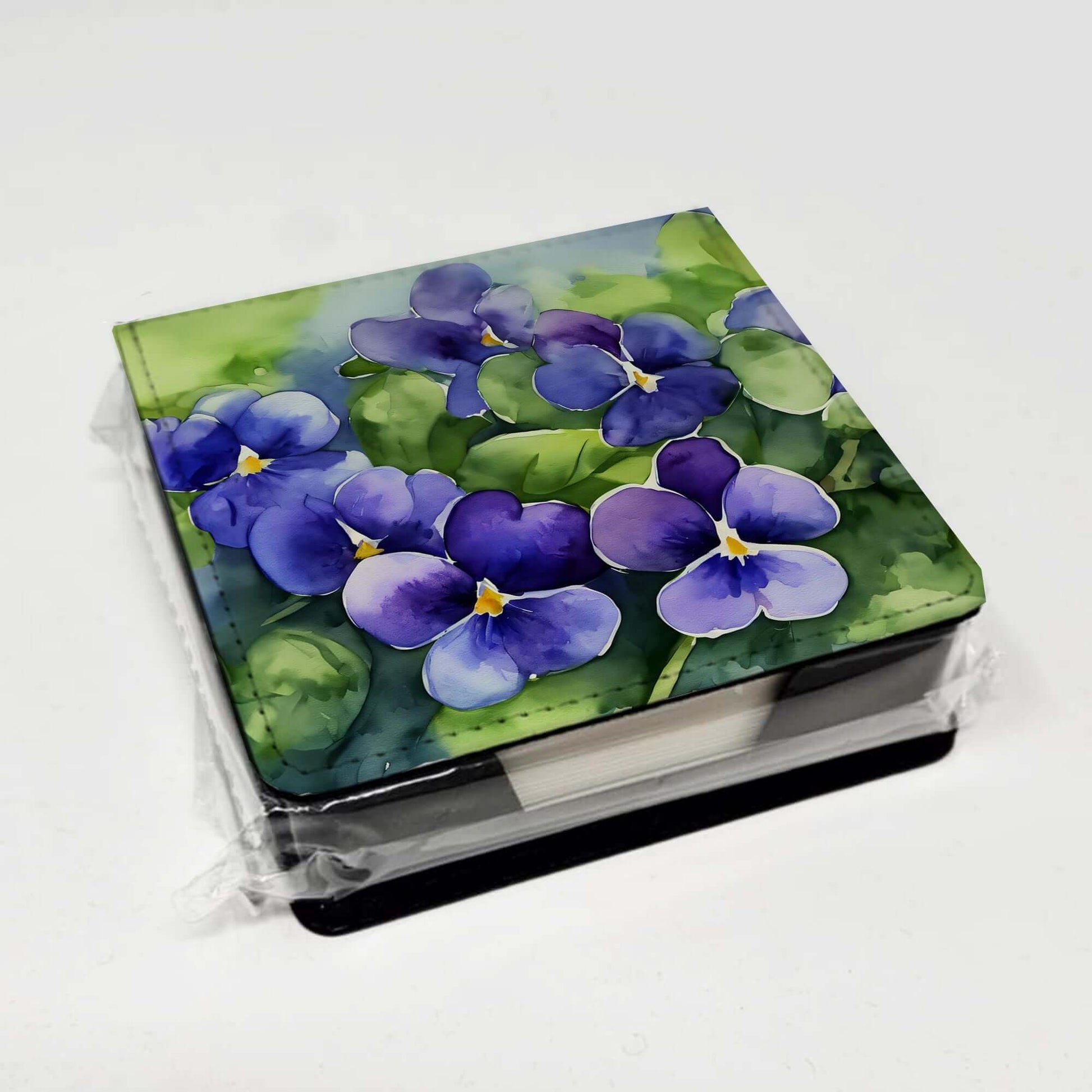 Rhode Island Violets in Watercolor PU Leather Note Paper Holder with Artist-Designed Cover, Desk Accessory, Office Gift