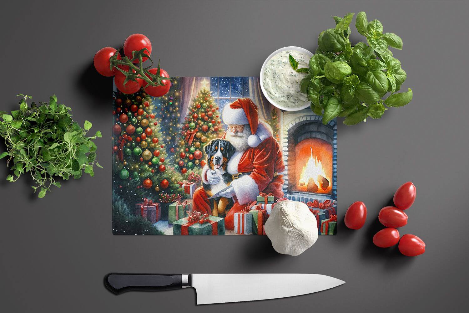 NEW Greater Swiss Mountain Dog and Santa Claus Glass Cutting Board Decorative Tempered Glass Kitchen Cutting and Serving Board Large Size Chopping Board