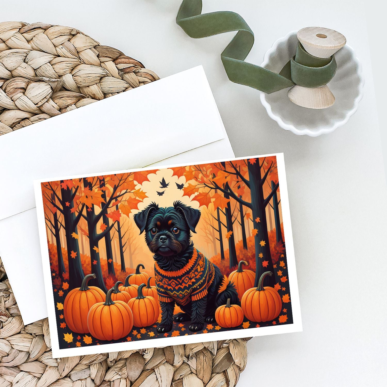 Affenpinscher Fall Greeting Cards Pack of 8 Blank Cards with Envelopes Whimsical A7 Size 5x7 Blank Note Cards