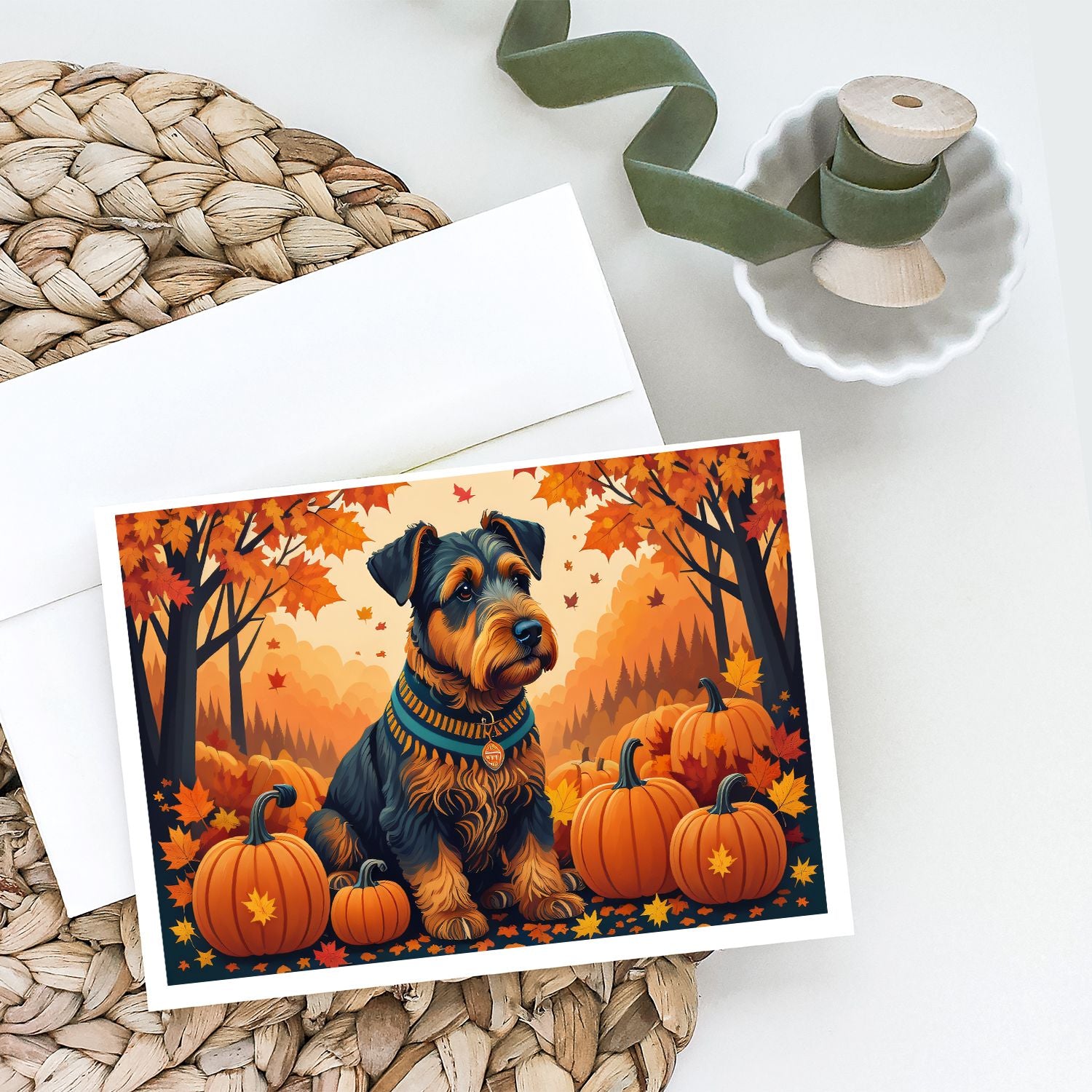 Airedale Terrier Fall Greeting Cards Pack of 8 Blank Cards with Envelopes Whimsical A7 Size 5x7 Blank Note Cards