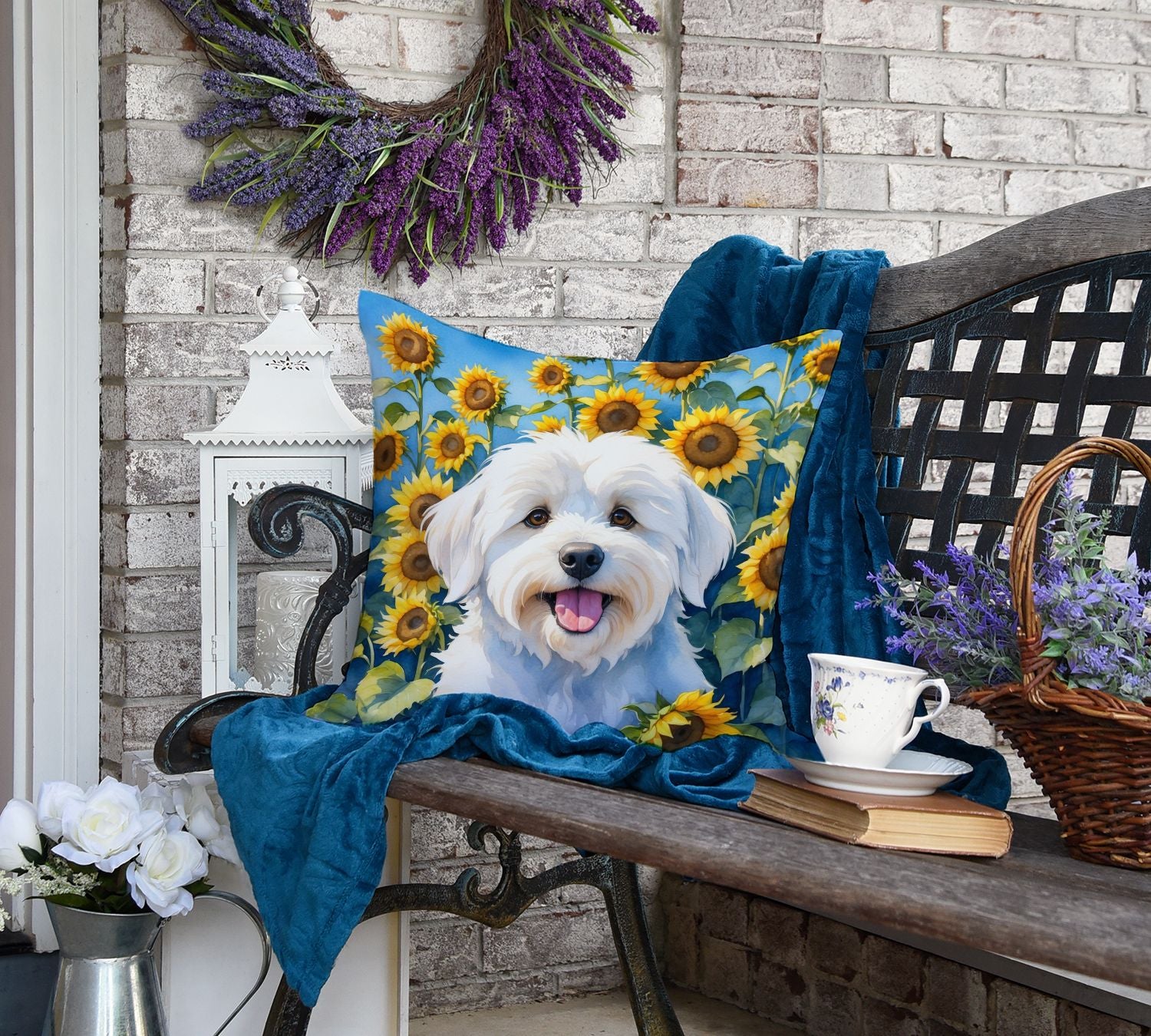 Coton de Tulear in Sunflowers Throw Pillow Machine Washable, Indoor Outdoor Decorative Pillow for Couch, Bed or Patio, 18Hx18W