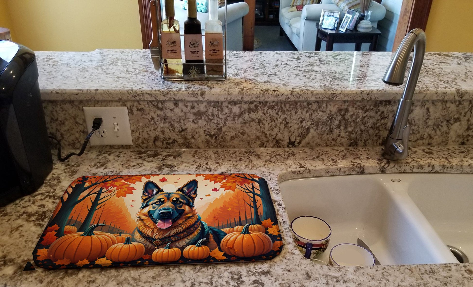 German Shepherd Fall Dish Drying Mat Absorbent Dish Drying Mat Pad for Kitchen Counter Dish Drainer Mat for Countertop, 14 x 21", Multicolor