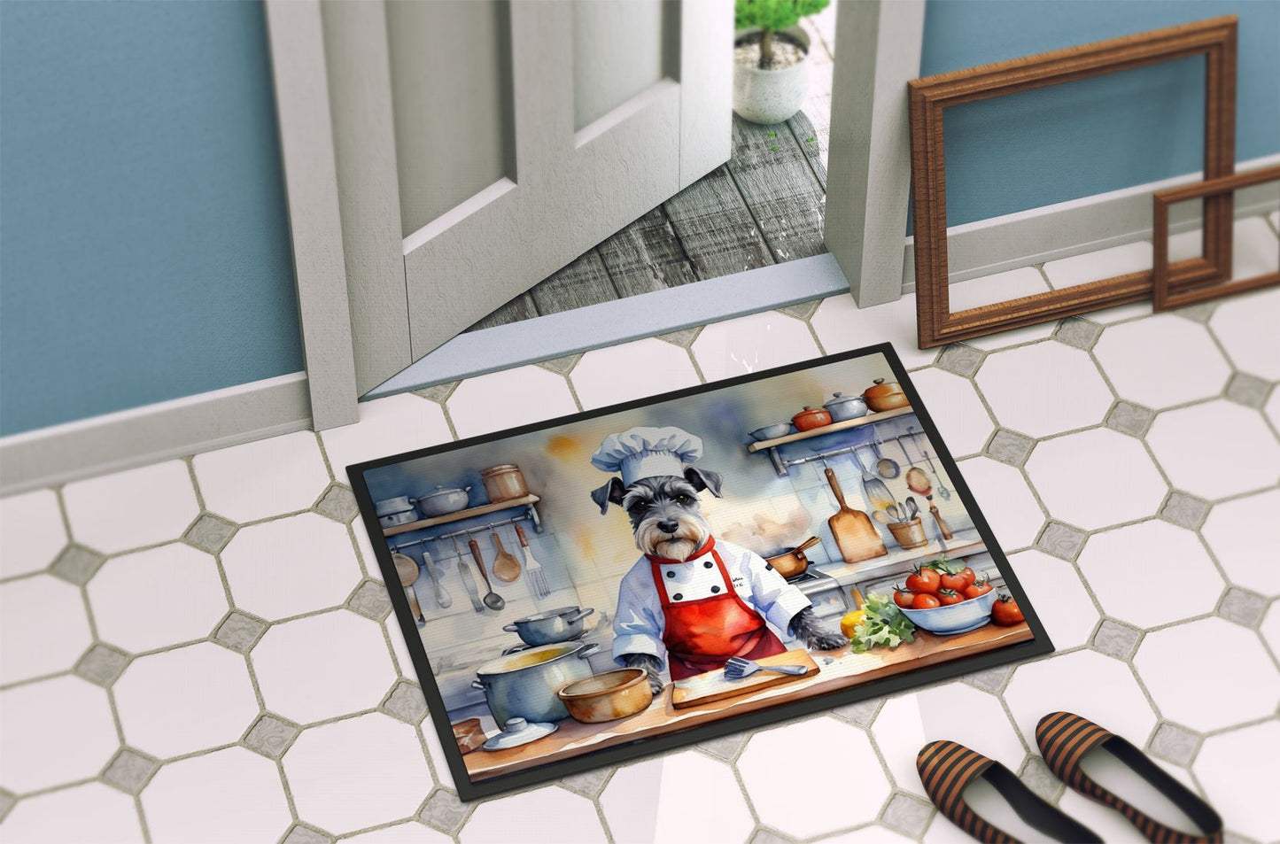 NEW Schnauzer The Chef Doormat Front Door Mat Indoor Outdoor Rugs for Entryway, Non Slip Washable Low Pile, 18H X 27W