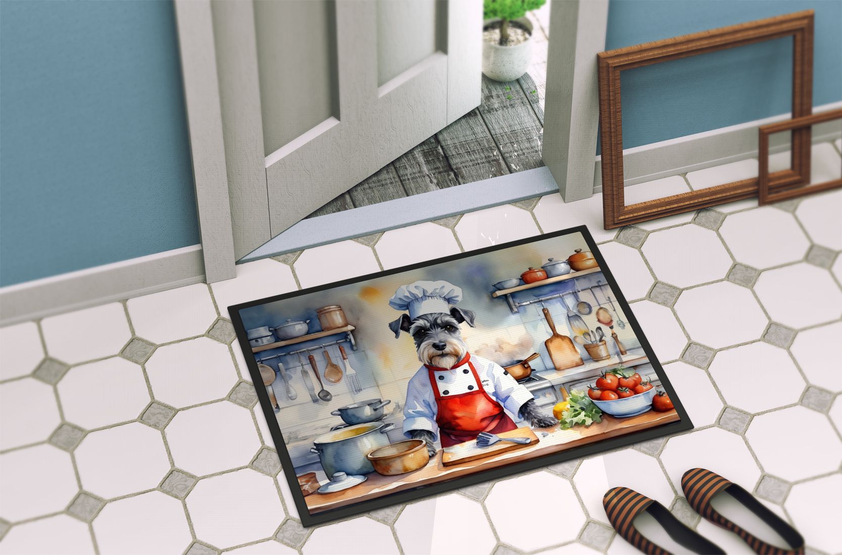 NEW Schnauzer The Chef Doormat Front Door Mat Indoor Outdoor Rugs for Entryway, Non Slip Washable Low Pile, 18H X 27W