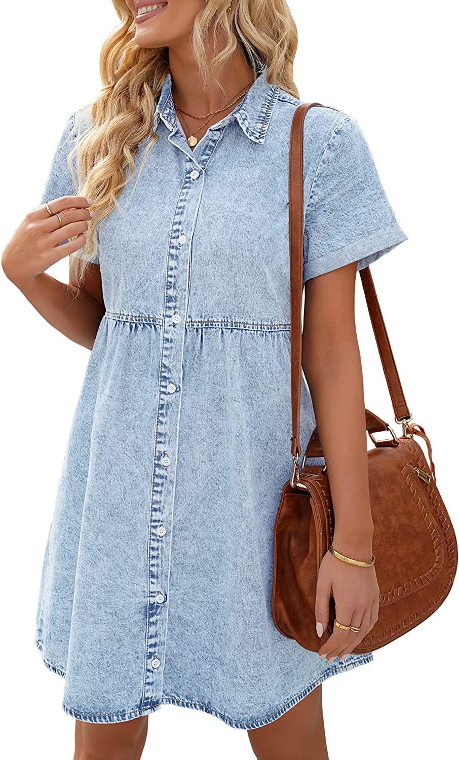 Denim Dress for Women Summer Dress Short Sleeve Button Down Tiered Babydoll Denim Jean Dress