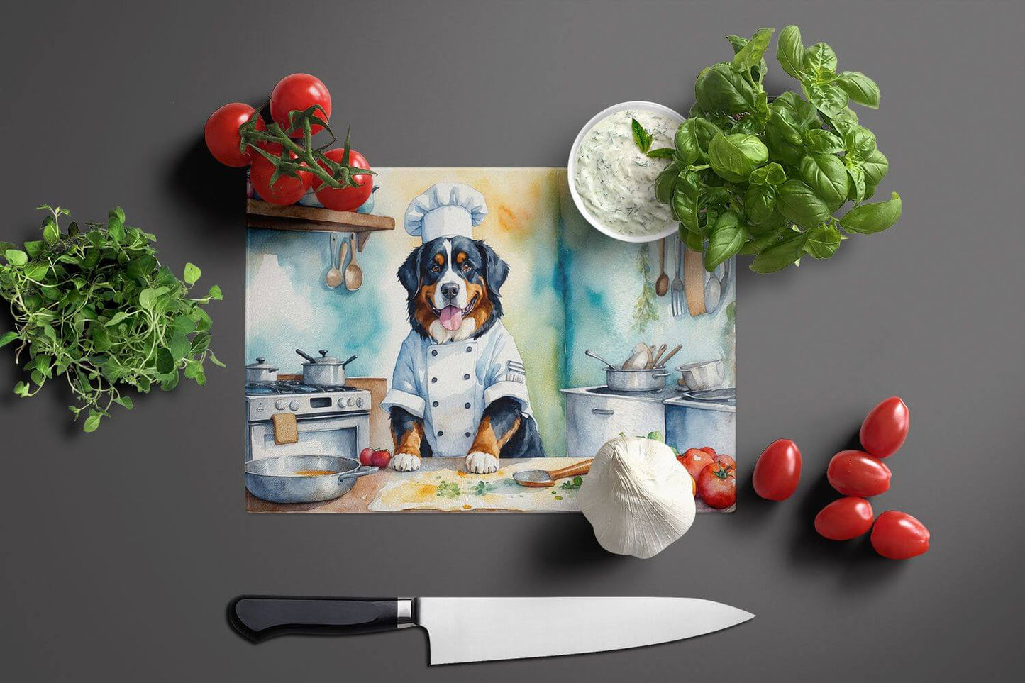 NEW Bernese Mountain Dog The Chef Glass Cutting Board Decorative Tempered Glass Kitchen Cutting and Serving Board Large Size Chopping Board