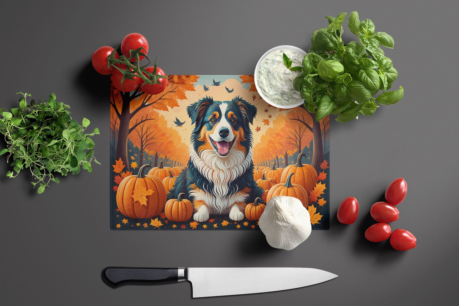 NEW Australian Shepherd Terrier Fall Glass Cutting Board Decorative Tempered Glass Kitchen Cutting and Serving Board Large Size Chopping Board