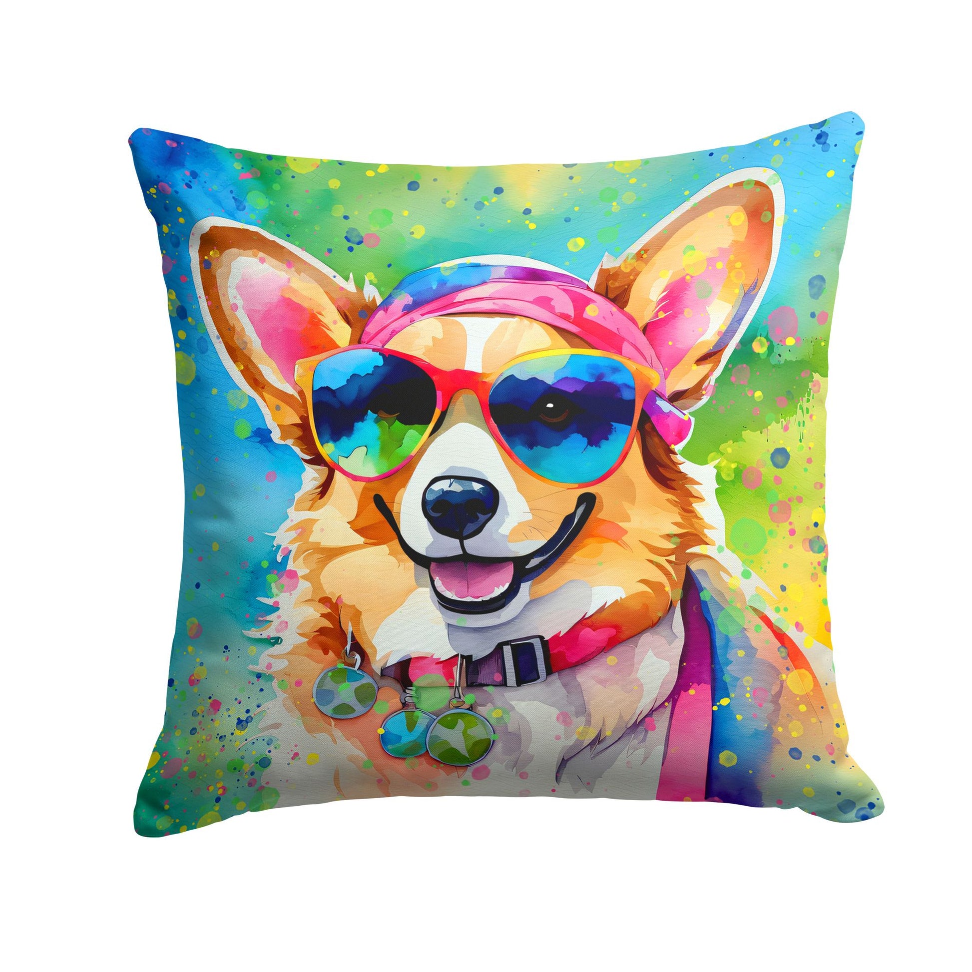 Corgi Hippie Dawg Throw Pillow Machine Washable, Indoor Outdoor Decorative Pillow for Couch, Bed or Patio, 14Hx14W