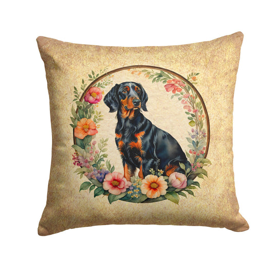 Gordon Setter and Flowers Throw Pillow Machine Washable, Indoor Outdoor Decorative Pillow for Couch, Bed or Patio, 14Hx14W