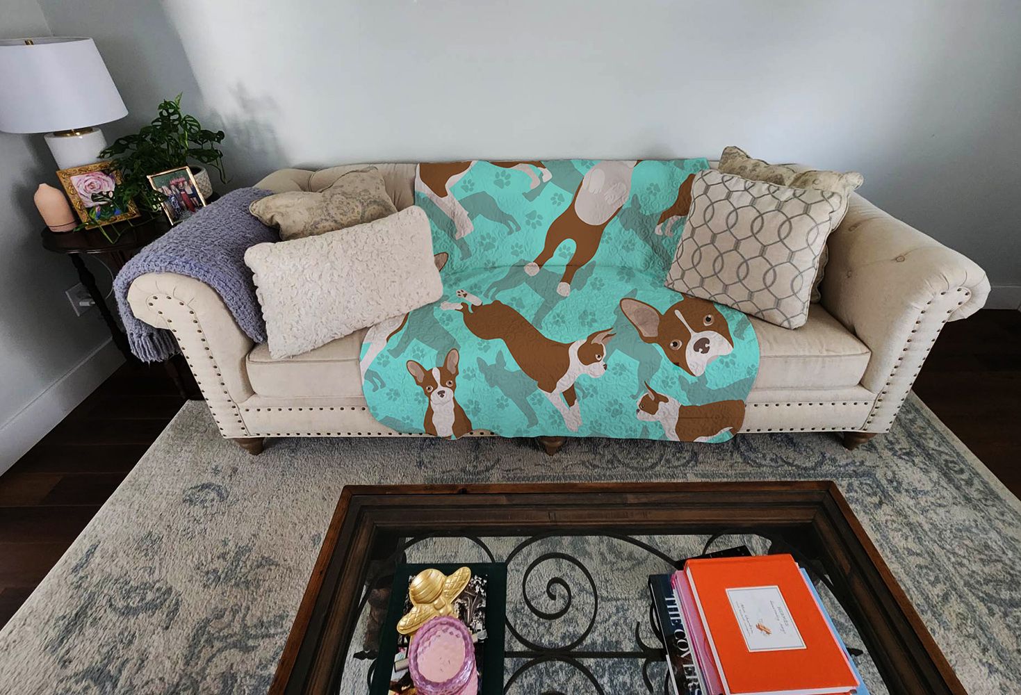 Red Boston Terrier Quilted Blanket 50x60 Artwork Pattern Quilted Throw Blanket for Bed, Couch, Sofa, Soft and Lightweight