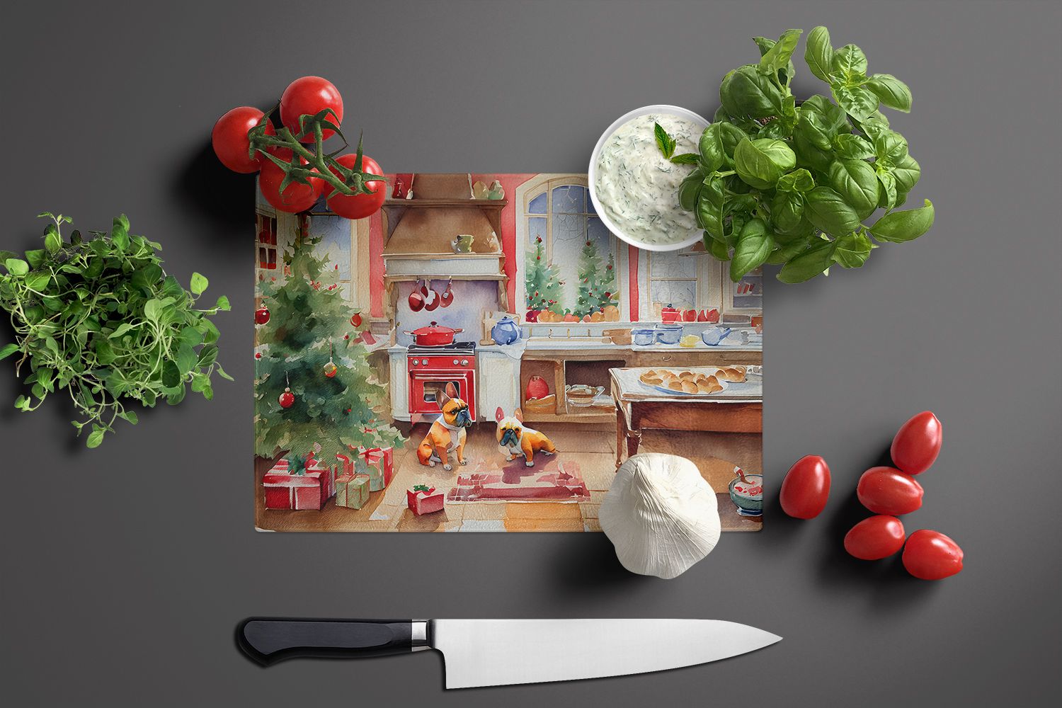 NEW French Bulldog Christmas Cookies Glass Cutting Board Decorative Tempered Glass Kitchen Cutting and Serving Board Large Size Chopping Board