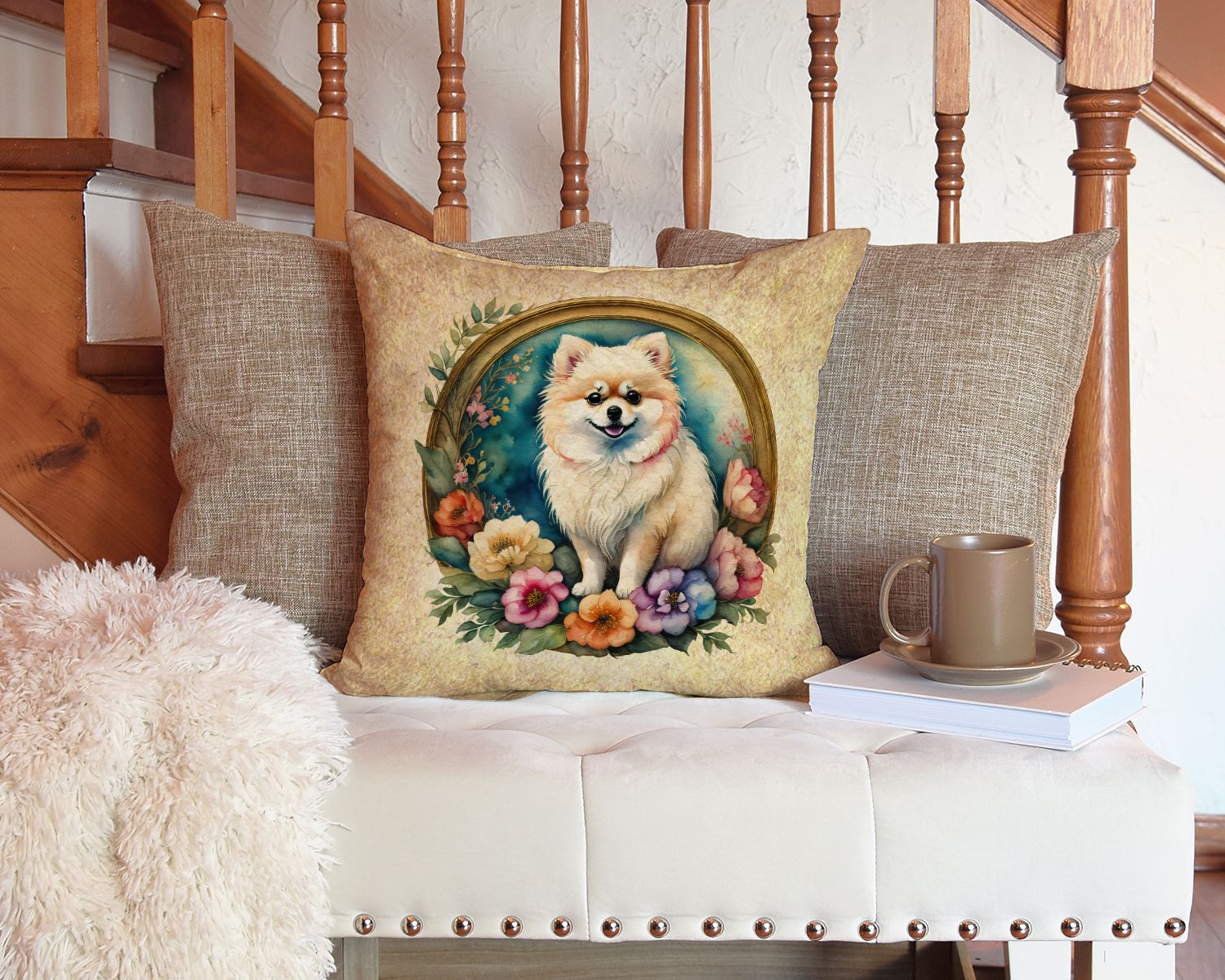 Pomeranian and Flowers Throw Pillow Machine Washable, Indoor Outdoor Decorative Pillow for Couch, Bed or Patio, 14Hx14W