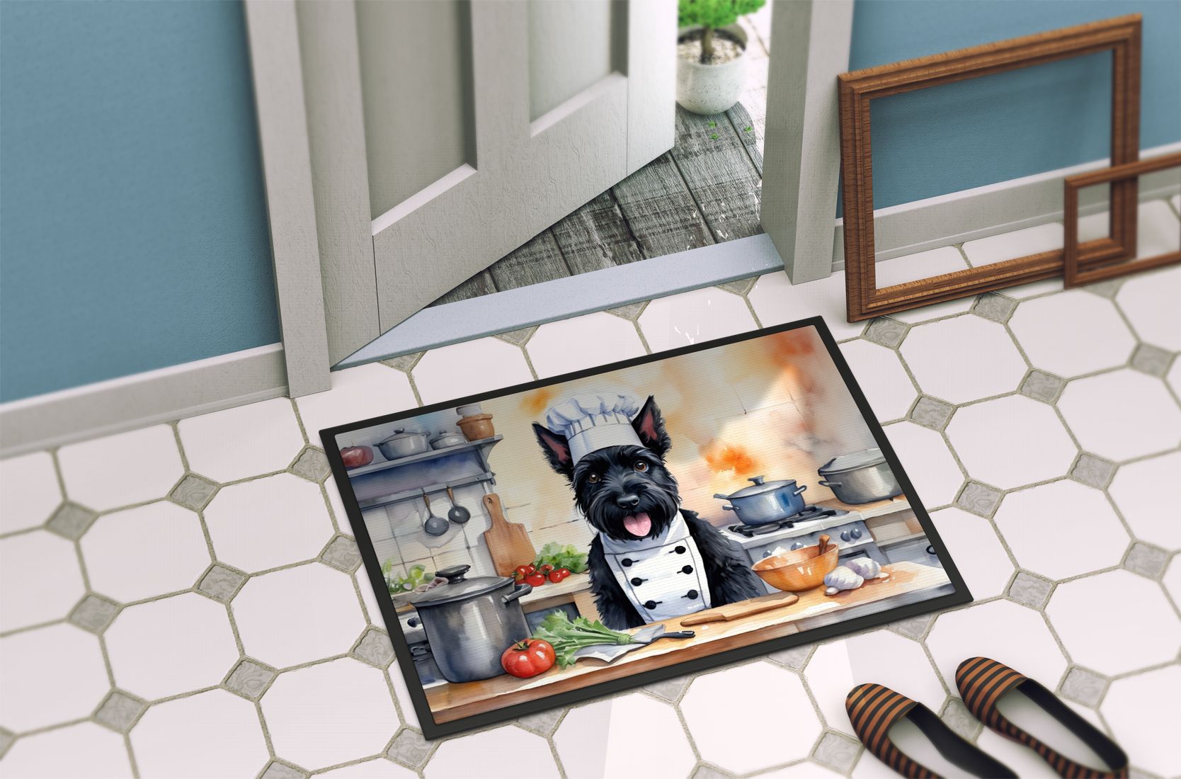 NEW Scottish Terrier The Chef Doormat Front Door Mat Indoor Outdoor Rugs for Entryway, Non Slip Washable Low Pile, 18H X 27W