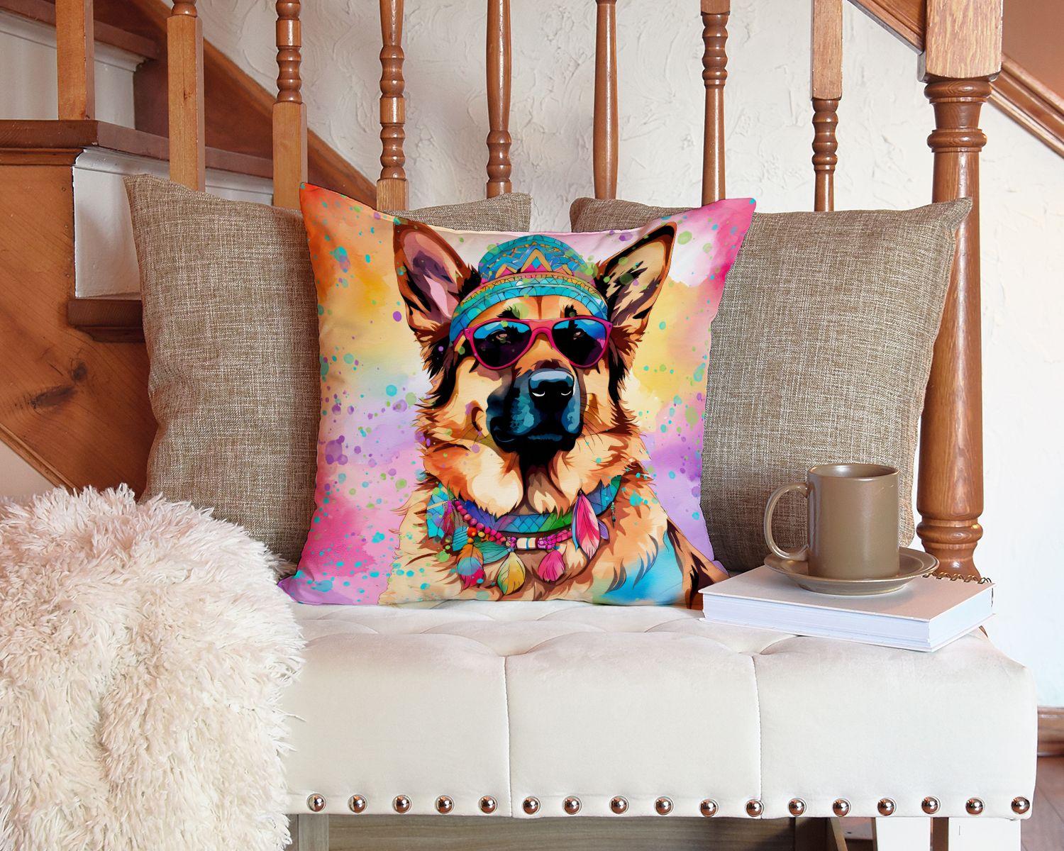 German Shepherd Hippie Dawg Throw Pillow Machine Washable, Indoor Outdoor Decorative Pillow for Couch, Bed or Patio, 14Hx14W