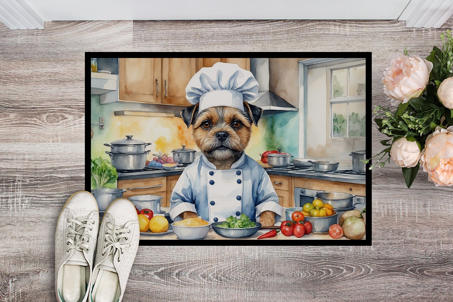 Border Terrier The Chef Doormat Front Door Mat Indoor Outdoor Rugs for Entryway, Non Slip Washable Low Pile, 24H X 36W