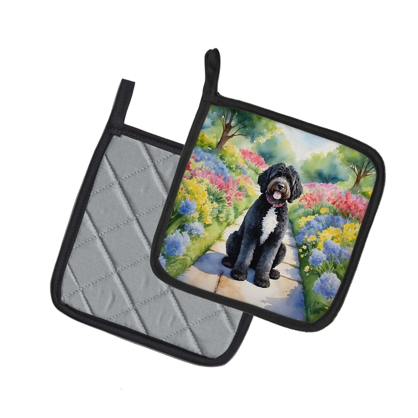 Portuguese Water Dog Spring Path Pair of Pot Holders Kitchen Heat Resistant Pot Holders Sets Oven Hot Pads for Cooking Baking BBQ, 7 1/2 x 7 1/2