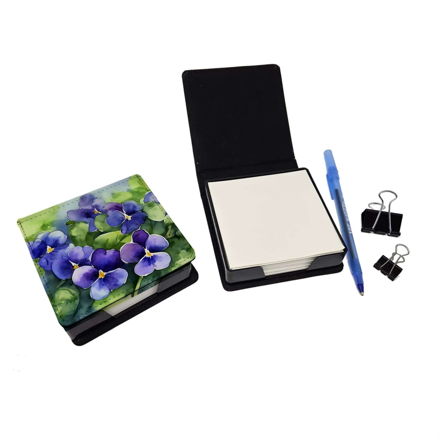 Rhode Island Violets in Watercolor PU Leather Note Paper Holder with Artist-Designed Cover, Desk Accessory, Office Gift