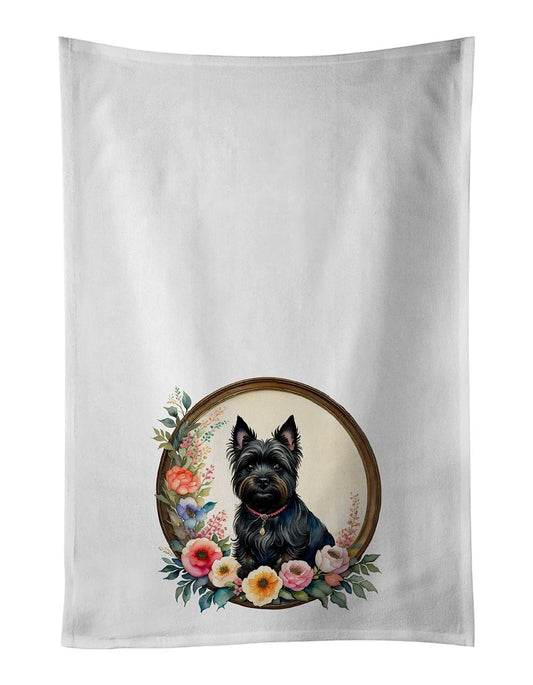 Cairn Terrier and Flowers Kitchen Towel Set of 2 White Dish Towels Decorative Bathroom Hand towel for Hand, Face, Hair, Yoga, Tea, Dishcloth, 19 X 28", White