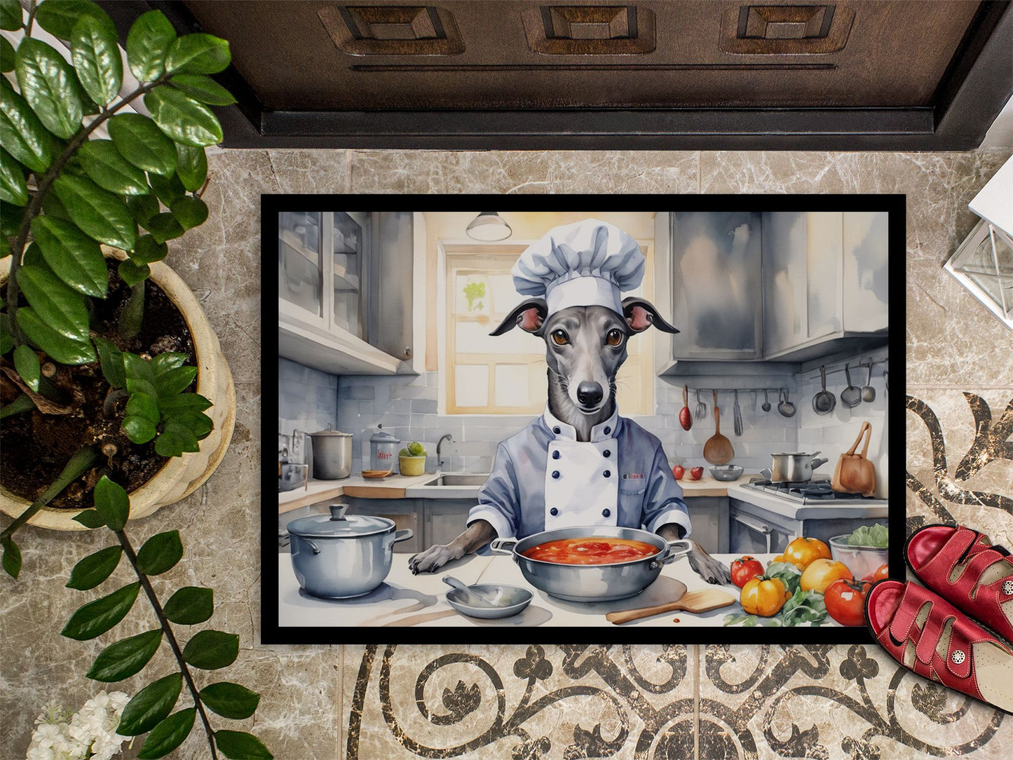 Greyhound The Chef Doormat Front Door Mat Indoor Outdoor Rugs for Entryway, Non Slip Washable Low Pile, 24H X 36W