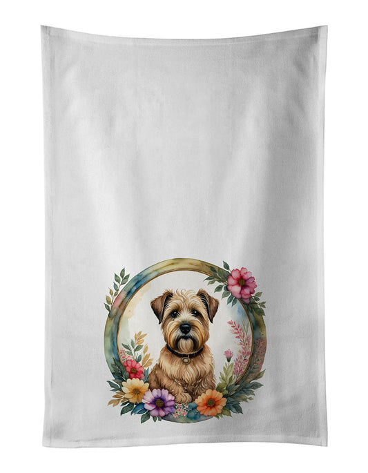 Wheaten Terrier and Flowers Kitchen Towel Set of 2 White Dish Towels Decorative Bathroom Hand towel for Hand, Face, Hair, Yoga, Tea, Dishcloth, 19 X 28", White