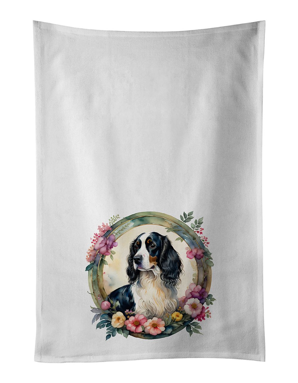 English Springer Spaniel and Flowers Kitchen Towel Set of 2 White Dish Towels Decorative Bathroom Hand towel for Hand, Face, Hair, Yoga, Tea, Dishcloth, 19 X 28", White