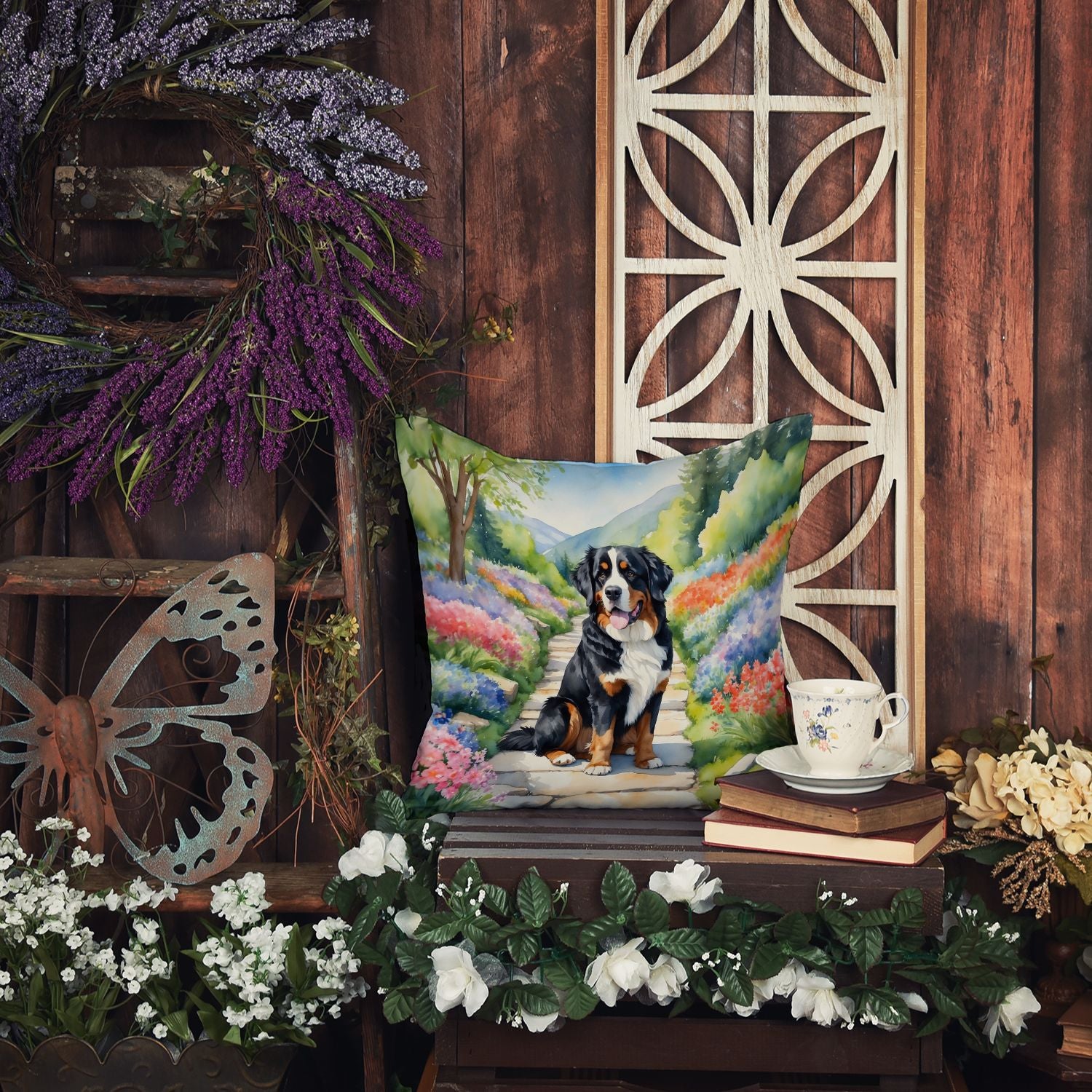 Bernese Mountain Dog Spring Path Throw Pillow Machine Washable, Indoor Outdoor Decorative Pillow for Couch, Bed or Patio, 14Hx14W