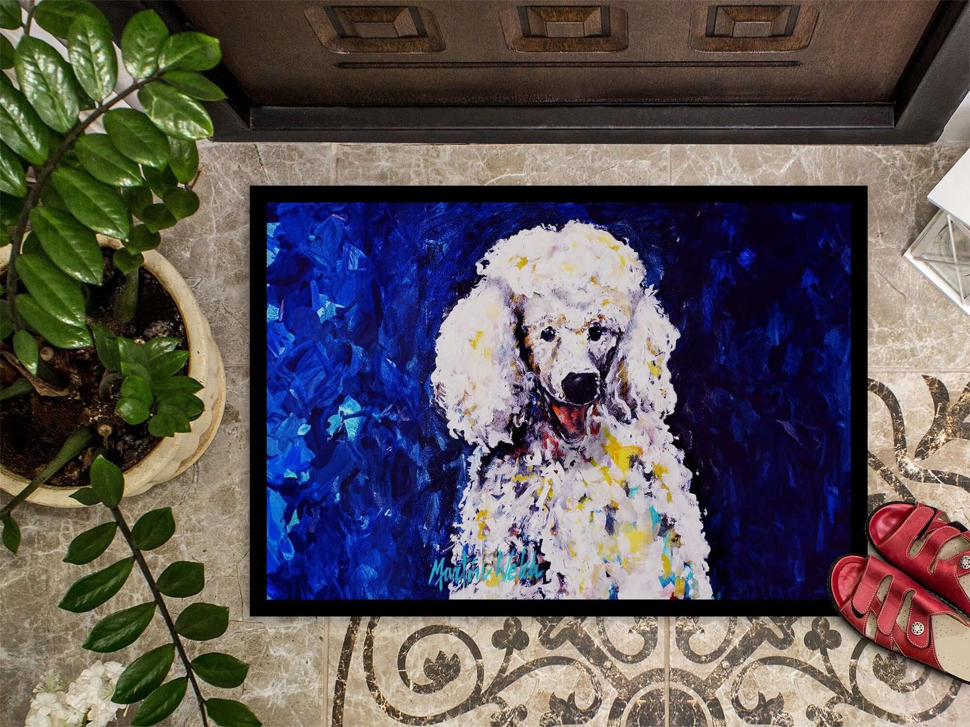 Louie White Poodle Doormat Front Door Mat Indoor Outdoor Rugs for Entryway, Non Slip Washable Low Pile, 24H X 36W