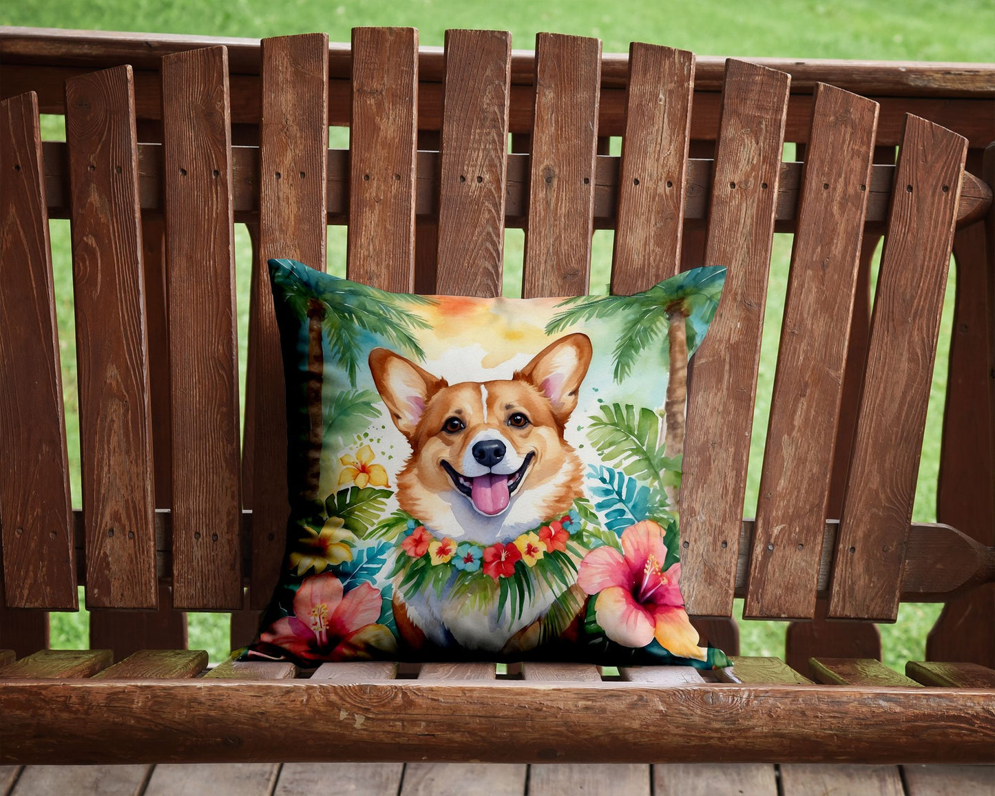 Corgi Luau Throw Pillow Machine Washable, Indoor Outdoor Decorative Pillow for Couch, Bed or Patio, 14Hx14W
