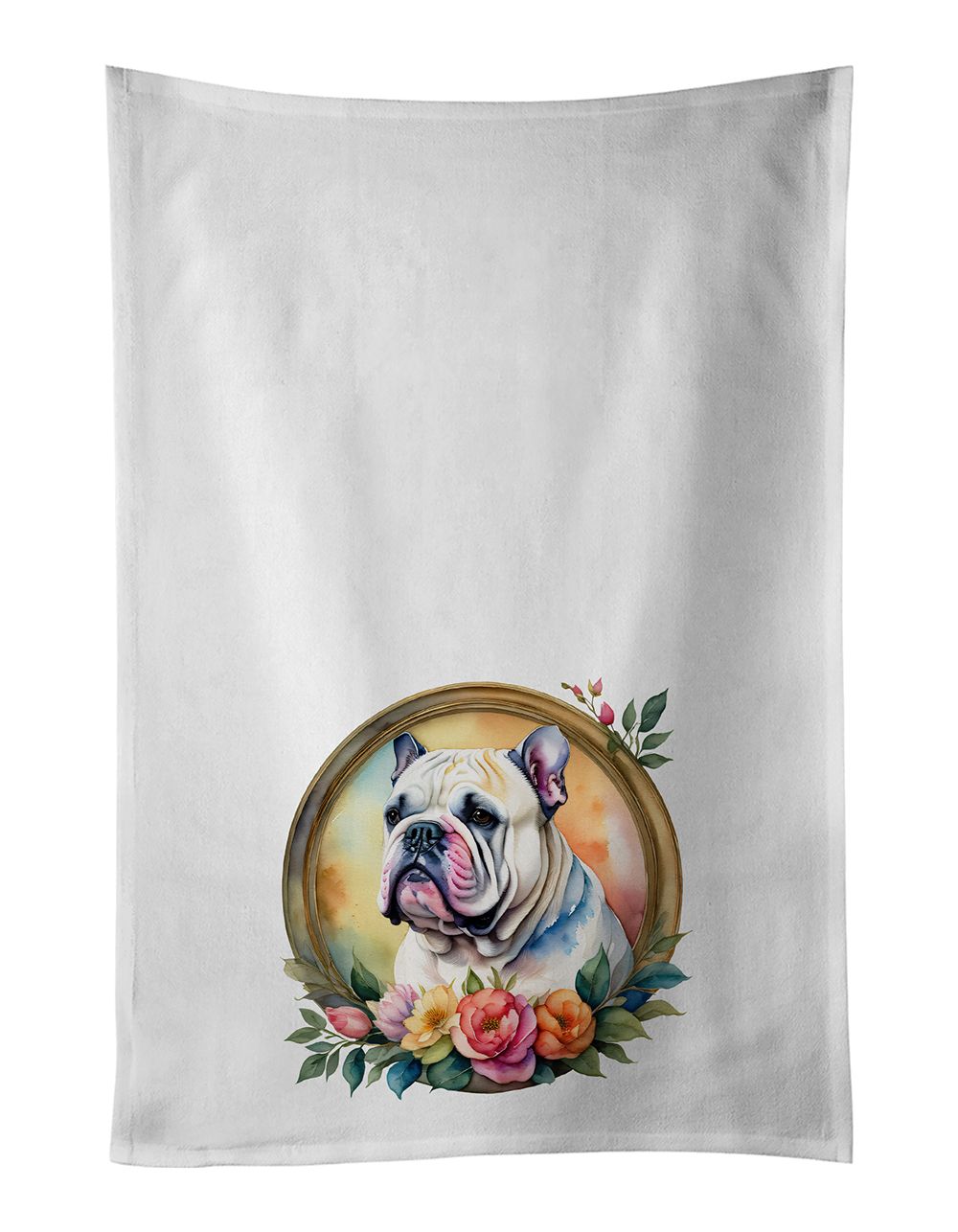 English Bulldog and Flowers Kitchen Towel Set of 2 White Dish Towels Decorative Bathroom Hand towel for Hand, Face, Hair, Yoga, Tea, Dishcloth, 19 X 28", White