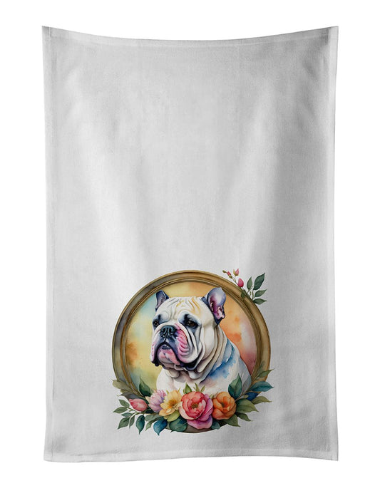 English Bulldog and Flowers Kitchen Towel Set of 2 White Dish Towels Decorative Bathroom Hand towel for Hand, Face, Hair, Yoga, Tea, Dishcloth, 19 X 28", White
