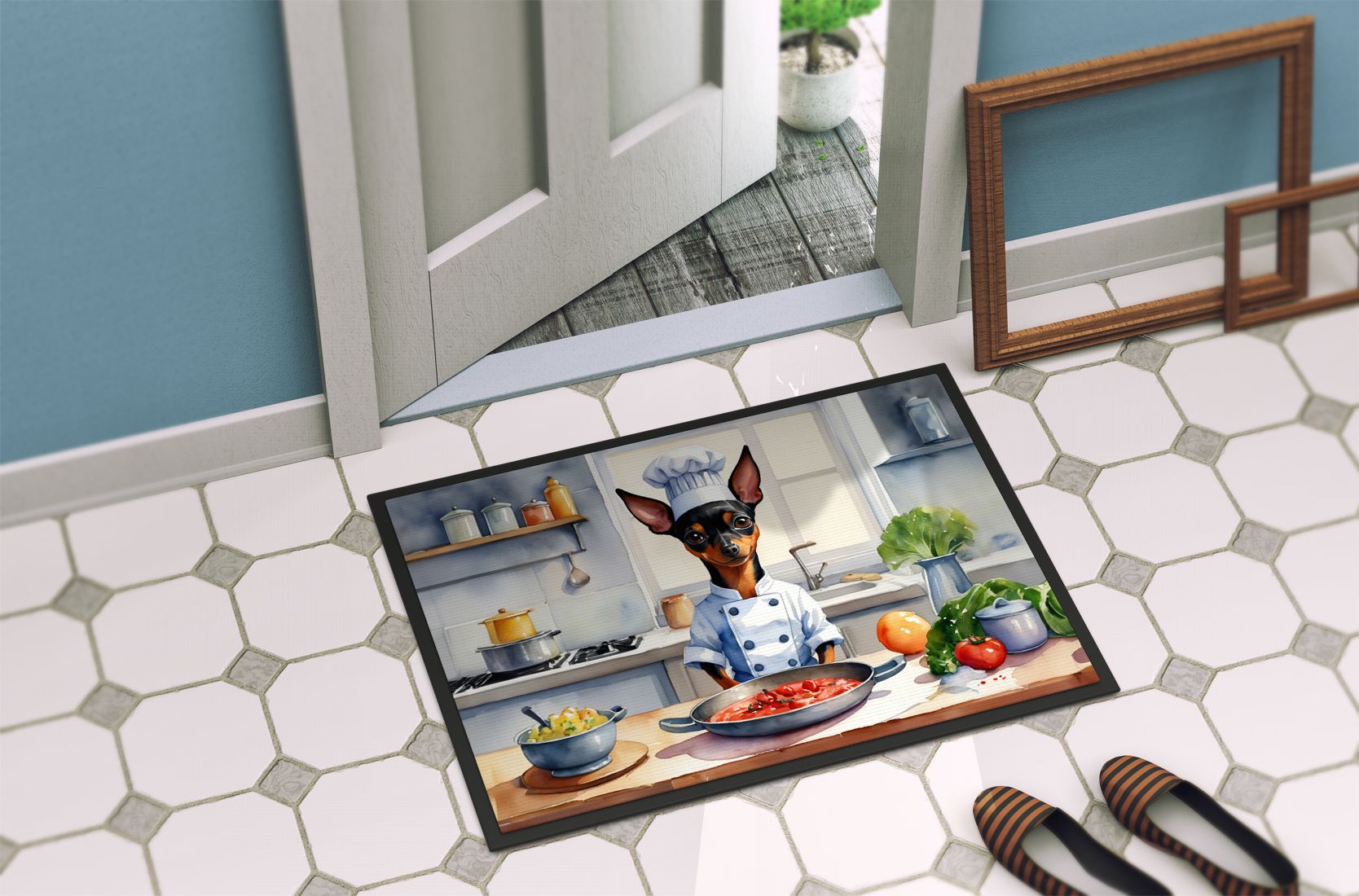 Miniature Pinscher The Chef Doormat Front Door Mat Indoor Outdoor Rugs for Entryway, Non Slip Washable Low Pile, 24H X 36W