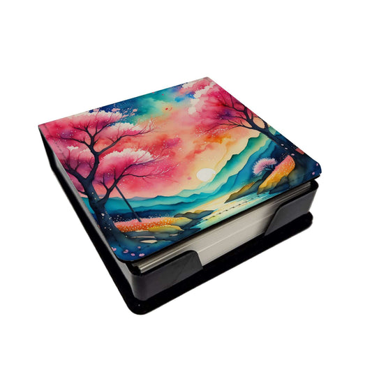 Colorful Cherry Blossoms PU Leather Note Paper Holder with Artist-Designed Cover, Desk Accessory, Office Gift