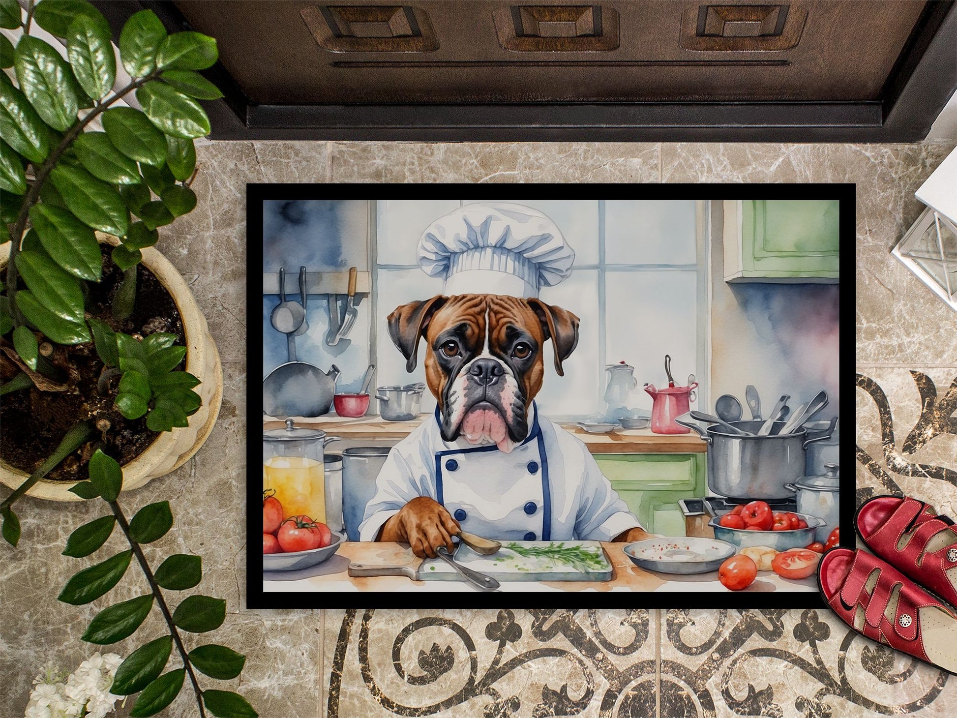 Boxer The Chef Doormat Front Door Mat Indoor Outdoor Rugs for Entryway, Non Slip Washable Low Pile, 24H X 36W